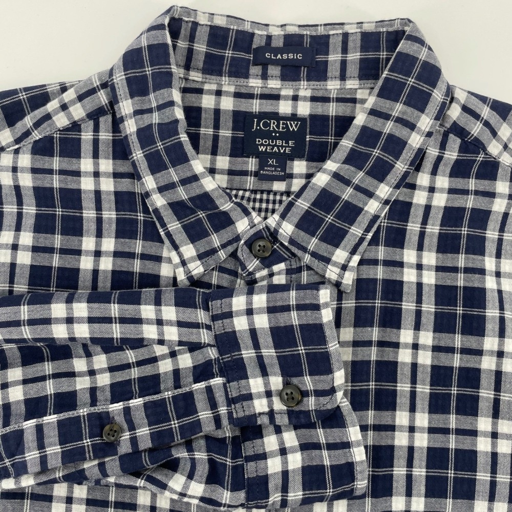 J.Crew Double Weave Shirt Men's XL Navy White Plaid Cotton Button Down Classic